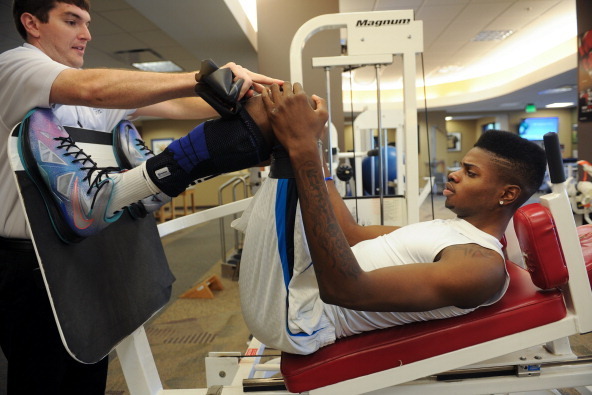 BIRMINGHAM, AL - MAY 21:  NBA draft prospect Nerlens Noel works on rehab at St Vincent's on Tuesday May 21, 2013 in Birmingham, Alabama. NOTE TO USER: User expressly acknowledges and agrees that, by downloading and or using this photograph, User is consen