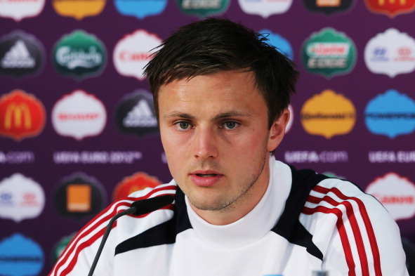 L'VIV, UKRAINE - JUNE 16:  In this handout image provided by UEFA, William Kvist of Denmark talks to the media during a UEFA EURO 2012 press conference at the Arena Lviv on June 16, 2012 in Lviv, Ukraine.  (Photo by Handout/UEFA via Getty Images)