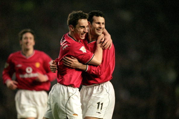 20 Jan 2001:  Ryan Giggs and Gary Neville of Manchester United celebrate during the FA Carling Premier League match against Aston Villa played at Old Trafford in Manchester. United won the game 2-0. \ Mandatory Credit: Alex Livesey /Allsport