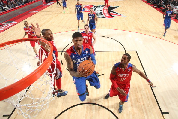 HOUSTON, TX - FEBRUARY 17: Paul George #24 of the Eastern Conference All-Star Team goes up against Russell Westbrook #0 of the Western Conference All-Star Team during 2013 NBA All-Star Game on February 17, 2013 at the Toyota Center in Houston, Texas. NOTE