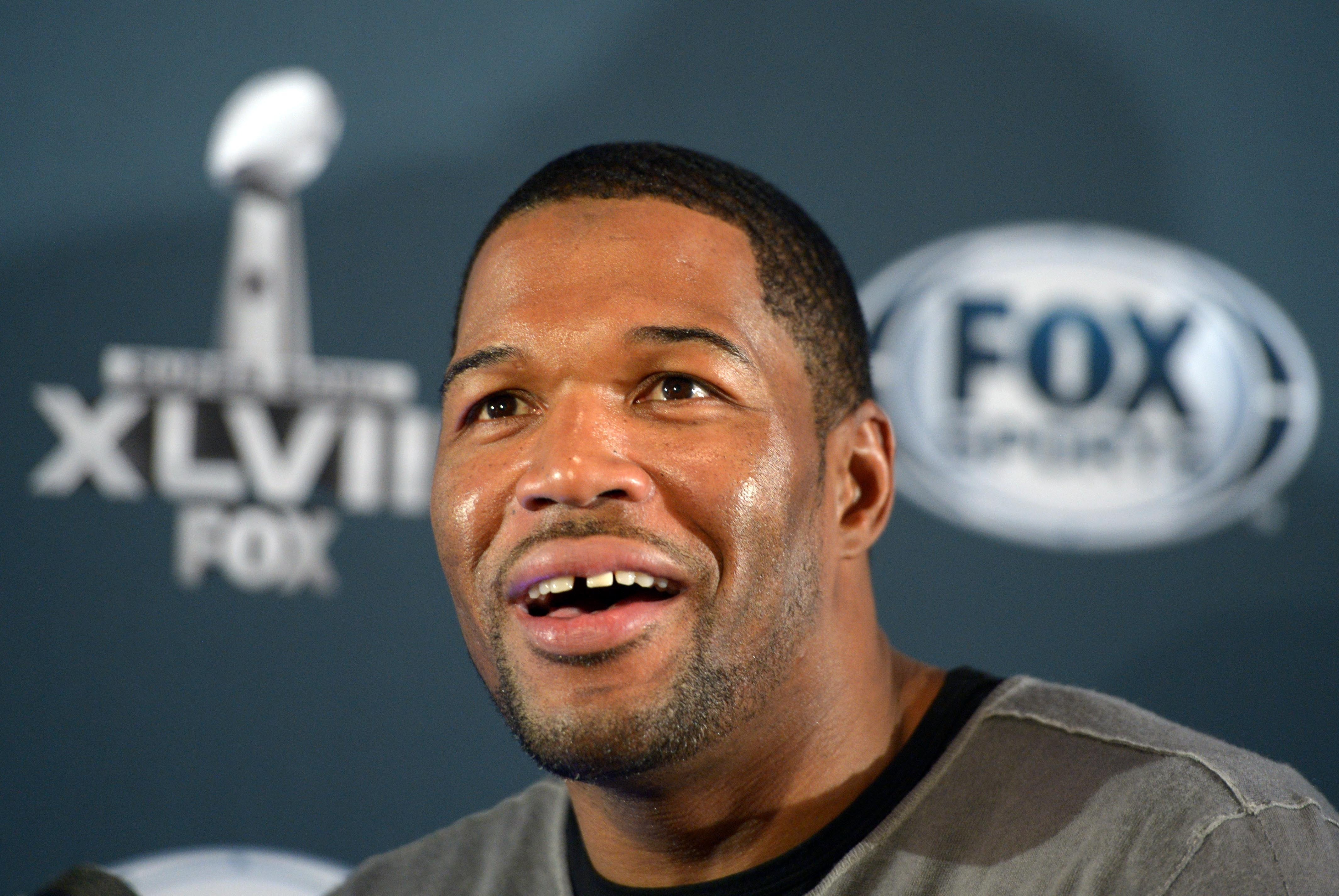 Jan 28, 2014; New York, NY, USA; New York Giants former defensive end Michael Strahan at a Fox Sports press conference at Empire East Ballroom at the Sheraton New York Times Square in advance of Super Bowl XLVIII. Mandatory Credit: Kirby Lee-USA TODAY Spo