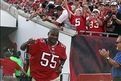 December 9, 2012; Tampa, FL, USA;  Tampa Bay Buccaneers former player Derrick Brooks is introduced during the 10th anniversary of the 2002 Super Bowl champions during halftimduring the second half at Raymond James Stadium. The Eagles won 23-21. Mandatory