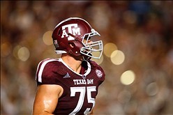 Sep 21, 2013; College Station, TX, USA; Texas A&M Aggies offensive lineman Jake Matthews against the SMU Mustangs at Kyle Field. Mandatory Credit: Mark J. Rebilas-USA TODAY Sports