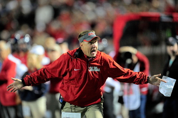 OXFORD, MS - OCTOBER 19:  Hugh Freeze, head coach of the Ole Miss Rebels, reacts to an official's call during a game against the LSU Tigers at Vaught-Hemingway Stadium on October 19, 2013 in Oxford, Mississippi.  Ole Miss won the game 27-24.  (Photo by St