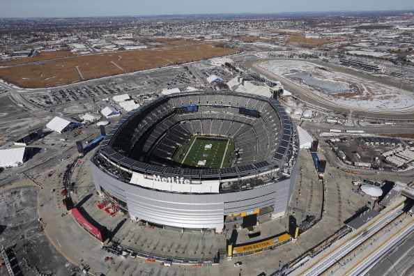 EAST RUTHERFORD, NJ - JANUARY 28:  MetLife Stadium stands ahead of Super Bowl XLVIII on January 28, 2014 in East Rutherford, New Jersey.  Helicopters flown by 'air interdiction agents' from the U.S. Office of Air and Marine (OAM), are providing air suppor