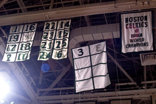 BOSTON - 1991:  Dennis Johnson #3 of the Boston Celtics has his jersey risen to the rafters during his jersey retirement ceremony in 1991 at the Boston Garden in Boston, Massachusetts.  NOTE TO USER: User expressly acknowledges that, by downloading and or