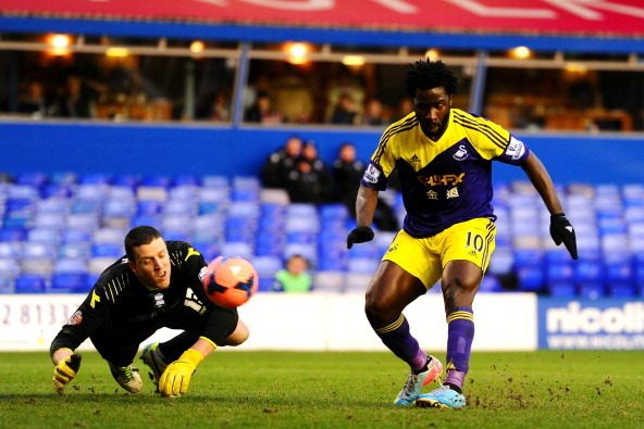 BIRMINGHAM, ENGLAND - JANUARY 25:  Wilfried Bony of Swansea scores his team's second goal past goalkeeper Colin Doyle of Birmingham during the FA Cup fourth round match between Birmingham City and Swansea City at St Andrews Stadium on January 25, 2014 in 