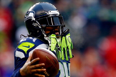 SEATTLE, WA - JANUARY 19: Running back Marshawn Lynch #24 of the Seattle Seahawks warms up before the 2014 NFC Championship against the San Francisco 49ers at CenturyLink Field on January 19, 2014 in Seattle, Washington.  (Photo by Jonathan Ferrey/Getty I