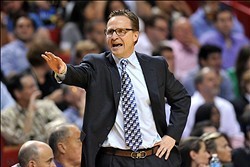Jan 29, 2014; Miami, FL, USA; Oklahoma City Thunder head coach Scott Brooks reacts from the bench during the second half against the Miami Heat at American Airlines Arena. Mandatory Credit: Steve Mitchell-USA TODAY Sports