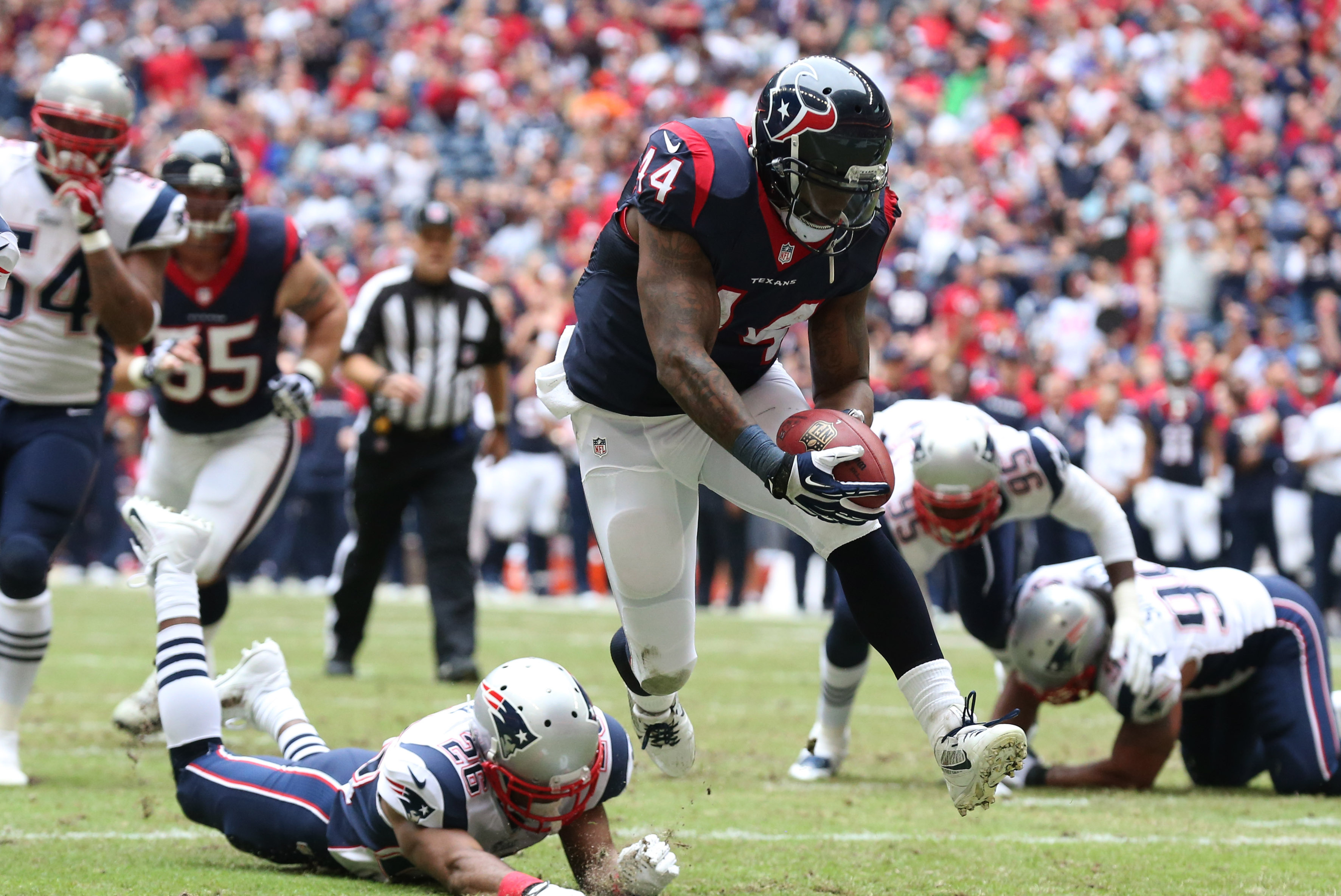 Dec 1, 2013; Houston, TX, USA; Houston Texans running back Ben Tate (44) rushes for a first quarter touchdown against the New England Patriots at Reliant Stadium. Mandatory Credit: Matthew Emmons-USA TODAY Sports