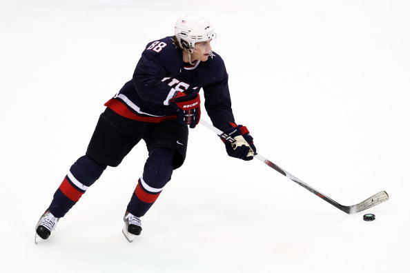 VANCOUVER, BC - FEBRUARY 28:  Patrick Kane #88 of the United States skates with the puck during the ice hockey men's gold medal game between USA and Canada on day 17 of the Vancouver 2010 Winter Olympics at Canada Hockey Place on February 28, 2010 in Vanc