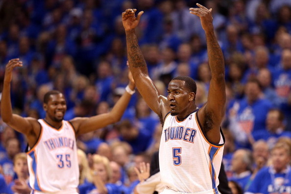 OKLAHOMA CITY, OK - MAY 01:  Kendrick Perkins #5 and Kevin Durant #35 of the Oklahoma City Thunder react during Game Five of the Western Conference Quarterfinals of the 2013 NBA Playoffs against the Houston Rockets at Chesapeake Energy Arena on May 1, 201