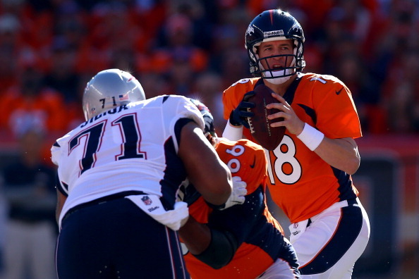 DENVER, CO - JANUARY 19:  Peyton Manning #18 of the Denver Broncos looks to pass in the first quarter against the New England Patriots during the AFC Championship game at Sports Authority Field at Mile High on January 19, 2014 in Denver, Colorado.  (Photo