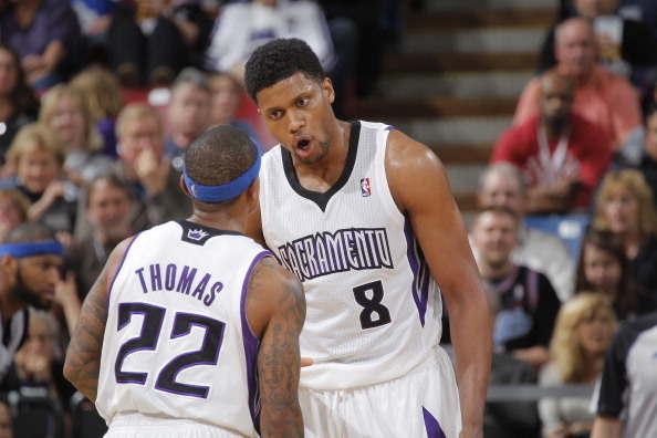 SACRAMENTO, CA - JANUARY 4: Rudy Gay #8 of the Sacramento Kings speaks with teammate Isaiah Thomas #22 during the game against the Charlotte Bobcats on January 4, 2014 at Sleep Train Arena in Sacramento, California. NOTE TO USER: User expressly acknowledg