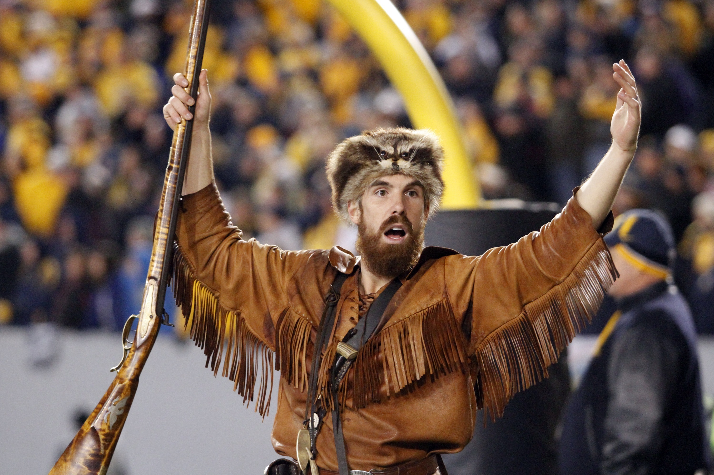 MORGANTOWN, WV - NOVEMBER 03:  The West Virginia Mountaineer reacts at the end of the game against the TCU Horned Frogs during the game on November 3, 2012 at Mountaineer Field in Morgantown, West Virginia.  TCU defeated WVU in two overtimes 39-38.  (Phot