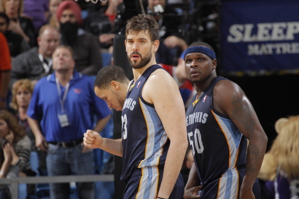 SACRAMENTO, CA - JANUARY 29:  Marc Gasol #33 and Zach Randolph #55 of the Memphis Grizzlies get ready to take on the Sacramento Kings at Sleep Train Arena on January 29, 2014 in Sacramento, California. NOTE TO USER: User expressly acknowledges and agrees 