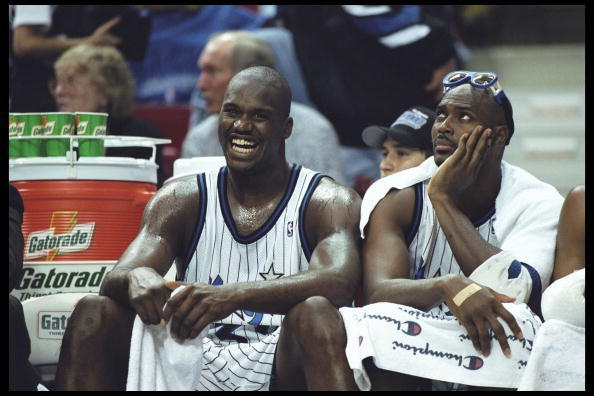 2 Mar 1996: Orlando Magic center Shaquille O'Neal (left) and forward Horace Grant look on during a game against the Portland Trail Blazers played at the Orlando Arena in Orlando, Florida. The Magic won the agme, 115-89.
