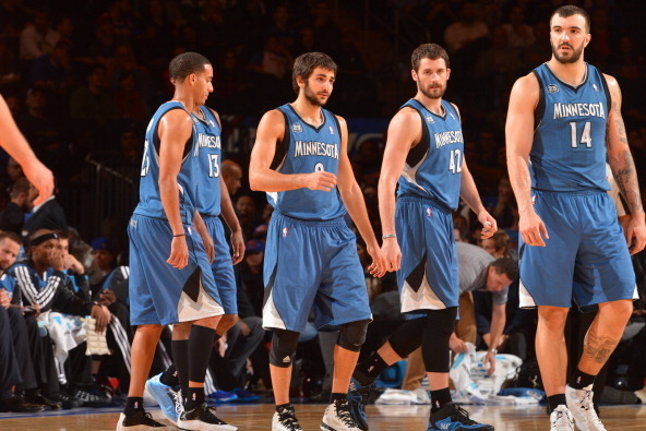 NEW YORK, NY - NOVEMBER 03: Kevin Martin #23, Corey Brewer #13, Ricky Rubio #9, Kevin Love #42, and Nikola Pekovic #14 of the Minnesota Timberwolves walk on court during the game against the New York Knicks on November 3, 2013 at Madison Square Garden in 