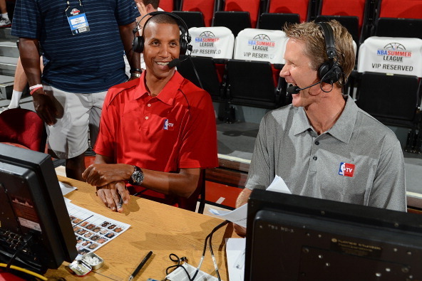 LAS VEGAS, NV - JULY 13: Reggie Miller and Steve Kerr give color commentary on the NBA Summer League on July 13, 2013 at the Cox Pavilion in Las Vegas, Nevada. NOTE TO USER: User expressly acknowledges and agrees that, by downloading and/or using this Pho
