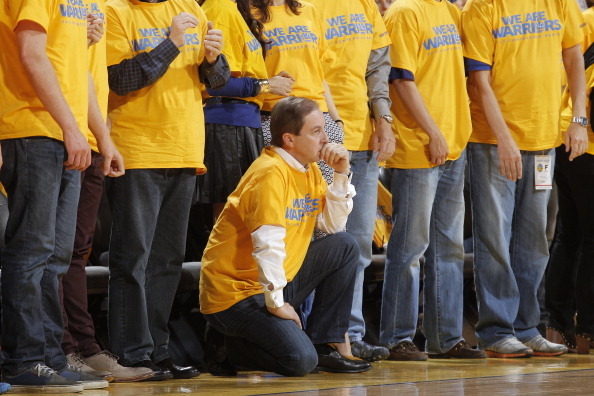 OAKLAND, CA - MAY 12: Golden State Warriors majority owner Joe Lacob watches his team nervously face the San Antonio Spurs in Game Four of the Western Conference Semifinals during the 2013 NBA Playoffs on May 12, 2013 at Oracle Arena in Oakland, Californi