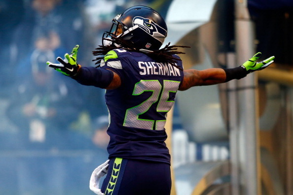 SEATTLE, WA - JANUARY 19:  Cornerback Richard Sherman #25 of the Seattle Seahawks takes the field for the 2014 NFC Championship against the San Francisco 49ers at CenturyLink Field on January 19, 2014 in Seattle, Washington.  (Photo by Jonathan Ferrey/Get