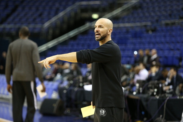 LONDON, ENGLAND - JANUARY 15: Head Coach Jason Kidd of the Brooklyn Nets calls a play during practice as part of  the 2014 Global Games on January 15, 2014 at The O2 Arena in London, England. NOTE TO USER: User expressly acknowledges and agrees that, by d