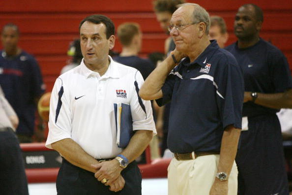 LAS VEGAS - JULY 22:  Head coach Mike Krzyzewski (L) of the USA Basketball Men's Senior National Team talks with assistant coach Jim Boeheim during a practice at Valley High School June 22, 2008 in Las Vegas, Nevada.  (Photo by Ethan Miller/Getty Images)