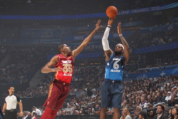 ORLANDO, FL - FEBRUARY 26:  LeBron James #6 of the Eastern Conference All-Stars shoots against Kevin Durant #35 of the Western Conference All-Stars during the 2012 NBA All-Star Game presented by Kia Motors as part of 2012 All-Star Weekend at the Amway Cen