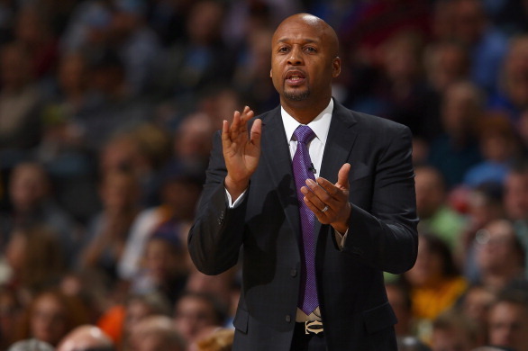 DENVER, CO - JANUARY 09:  Head coach Brian Shaw of the Denver Nuggets leads his team against the Oklahoma City Thunder at Pepsi Center on January 9, 2014 in Denver, Colorado. The Nuggets defeated the Thunder 101-88. NOTE TO USER: User expressly acknowledg