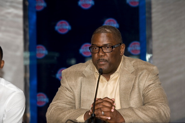AUBURN HILLS - AUGUST 6:  Joe Dumars, President of Basketball Operations, introduces new Detroit Piston, Brandon Jennings at a press conference on August 6, 2013 at Palace of Auburn Hills in Auburn Hills, Michigan. NOTE TO USER: User expressly acknowledge