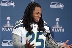Jan 30, 2014; Jersey City, NJ, USA; Seattle Seahawks cornerback Richard Sherman (25) at a press conference at The Westin in advance of Super Bowl XLVIII. Mandatory Credit: Kirby Lee-USA TODAY Sports