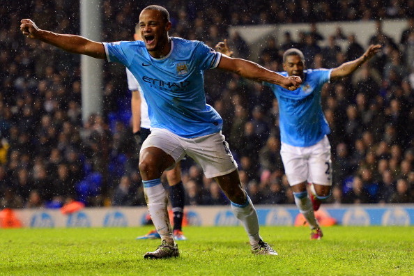 LONDON, ENGLAND - JANUARY 29:  Vincent Kompany of Manchester City celebrates scoring their fifth goal during the Barclays Premier League match between Tottenham Hotspur and Manchester City at White Hart Lane on January 29, 2014 in London, England.  (Photo