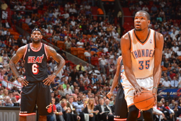 MIAMI, FL - JANUARY 29: Kevin Durant #35 of the Oklahoma City Thunder shoots a foul shot against the Miami Heat at the American Airlines Arena in Miami, Florida on Jan. 29, 2014. NOTE TO USER: User expressly acknowledges and agrees that, by downloading an
