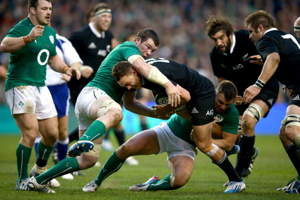 DUBLIN, IRELAND - NOVEMBER 24:  Israel Dagg of the All Blacks is tackled by Peter O'Mahony of Ireland during the International match between Ireland and the New Zealand All Blacks at Aviva Stadium on November 24, 2013 in Dublin, Ireland.  (Photo by Phil W