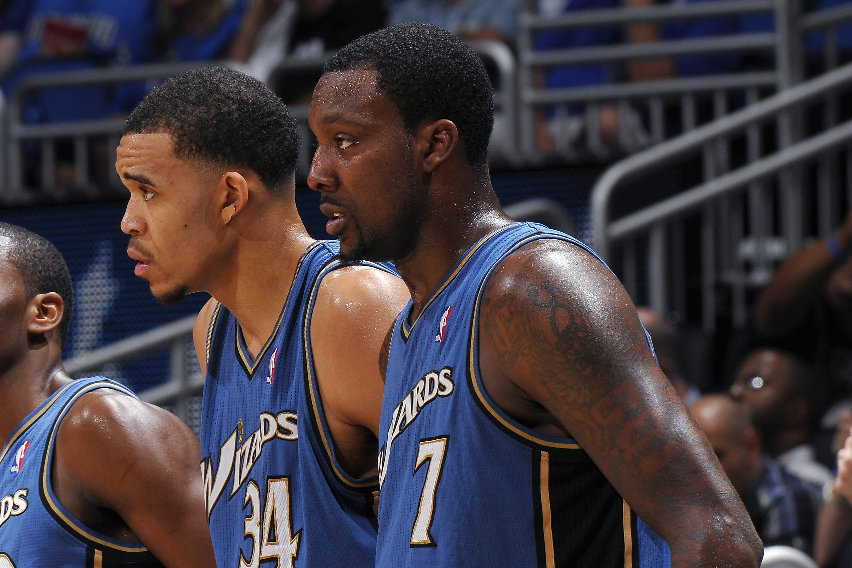 ORLANDO, FL - OCTOBER 28:  John Wall #2, JaVale McGee #34 and Andray Blatche #7 of the Washington Wizards stand on the sideline during a game against the Orlando Magic on October 28, 2010 at Amway Center in Orlando, Florida. NOTE TO USER: User expressly a