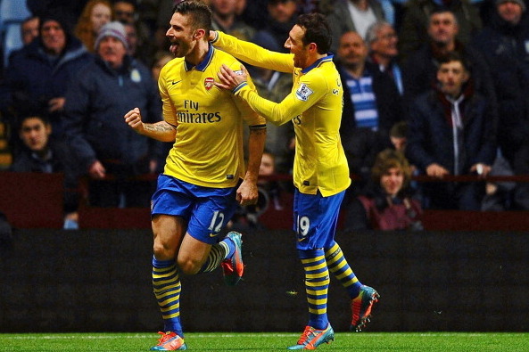 BIRMINGHAM, ENGLAND - JANUARY 13:  Olivier Giroud of Arsenal (L) celebrates scoring their second goal with Santi Cazorla of Arsenal during the Barclays Premier League match between Aston Villa and Arsenal at Villa Park on January 13, 2014 in Birmingham, E