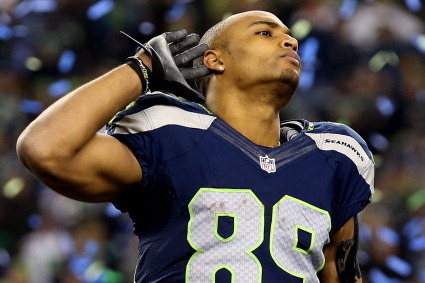 SEATTLE, WA - JANUARY 19:  Wide receiver Doug Baldwin #89 of the Seattle Seahawks celebrates after the Seahawks 23-17 victory against the San Francisco 49ers uring the 2014 NFC Championship at CenturyLink Field on January 19, 2014 in Seattle, Washington. 