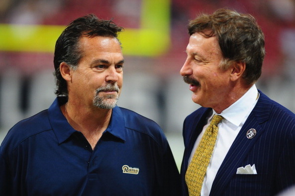 ST. LOUIS, MO - SEPTEMBER 8: Head coach Jeff Fisher of the St. Louis Rams talks with team owner Stan Kroenke prior to a game against the Arizona Cardinals at the Edward Jones Dome on September 8, 2013 in St. Louis, Missouri.  (Photo by Michael Thomas/Gett