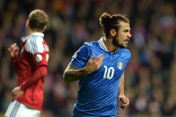 COPENHAGEN, DENMARK - OCTOBER 11:  Pablo Daniel Osvaldo of Italy celebrates after scoring the opening goal of the FIFA 2014 World Cup qualifier between Denmark and Italy on October 11, 2013 in Copenhagen, Denmark.  (Photo by Claudio Villa/Getty Images)