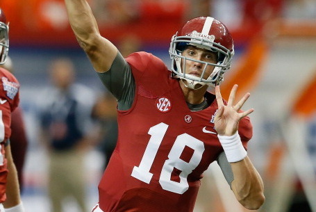 ATLANTA, GA - AUGUST 31:  Cooper Bateman #18 of the Alabama Crimson Tide against the Virginia Tech Hokies at Georgia Dome on August 31, 2013 in Atlanta, Georgia.  (Photo by Kevin C. Cox/Getty Images)