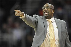 Jan 28, 2014; Cleveland, OH, USA; Cleveland Cavaliers head coach Mike Brown reacts in the fourth quarter against the New Orleans Pelicans at Quicken Loans Arena. Mandatory Credit: David Richard-USA TODAY Sports