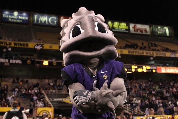 TEMPE, AZ - DECEMBER 29:  The TCU Horned Frogs mascot, Super Frog during the Buffalo Wild Wings Bowl against the Michigan State Spartans at Sun Devil Stadium on December 29, 2012 in Tempe, Arizona. The Spartans defeated the Horned Frogs 17-16.  (Photo by 