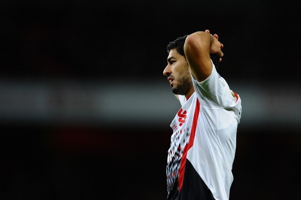 LONDON, ENGLAND - NOVEMBER 02:  Luis Suarez of Liverpool shows his dissapointment during the Barclays Premier League mach between Arsenal and Liverpool at Emirates Stadium on November 2, 2013 in London, England.  (Photo by Laurence Griffiths/Getty Images)