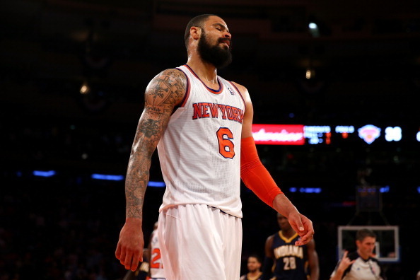 NEW YORK, NY - MAY 16:  Tyson Chandler #6 of the New York Knicks racts against the Indiana Pacers during Game Five of the Eastern Conference Semifinals of the 2013 NBA Playoffs at Madison Square Garden on May 16, 2013 in New York City. NOTE TO USER: User 
