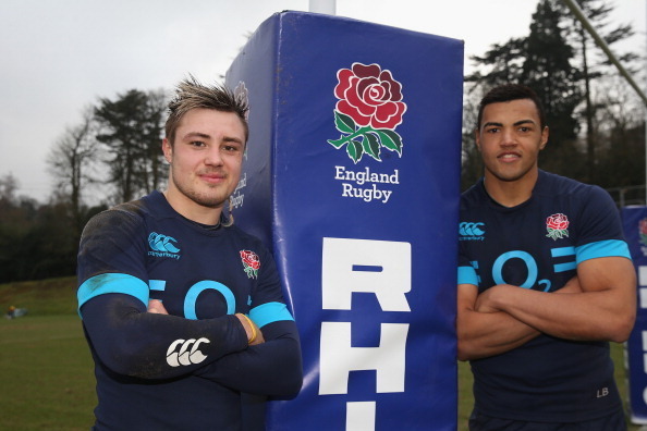 BAGSHOT, ENGLAND - JANUARY 30:  Jack Nowell (L) and Luther Burrell who will make their England debuts in the match against France pose after the England training session held at Pennyhill Park on January 30, 2014 in Bagshot, England.  (Photo by David Roge