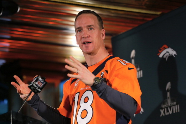JERSEY CITY, NJ - JANUARY 30:  Peyton Manning of the Denver Broncos addresses the media during Super Bowl XLVIII media availability on January 30, 2014 in Jersey City, New Jersey. The Denver Broncos and Seattle Seahawks will meet in Super Bowl XLVIII at M