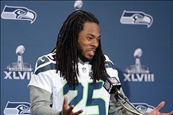 Jan 30, 2014; Jersey City, NJ, USA; Seattle Seahawks cornerback Richard Sherman (25) at a press conference at The Westin in advance of Super Bowl XLVIII. Mandatory Credit: Kirby Lee-USA TODAY Sports