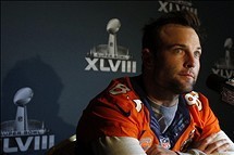 Jan 29, 2014; Jersey City, NJ, USA; Denver Broncos wide receiver Wes Welker (83) during a press conference for Super Bowl XLVIII for Super Bowl XLVIII at Hyatt Regency. Mandatory Credit: Noah K. Murray-USA TODAY Sports