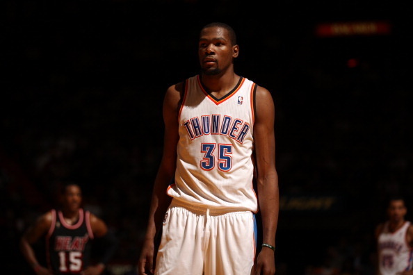 MIAMI, FL - JANUARY 29: Kevin Durant #35 of the Oklahoma City Thunder looks on against the Miami Heat at the American Airlines Arena in Miami, Florida on Jan. 29, 2014. NOTE TO USER: User expressly acknowledges and agrees that, by downloading and/or using