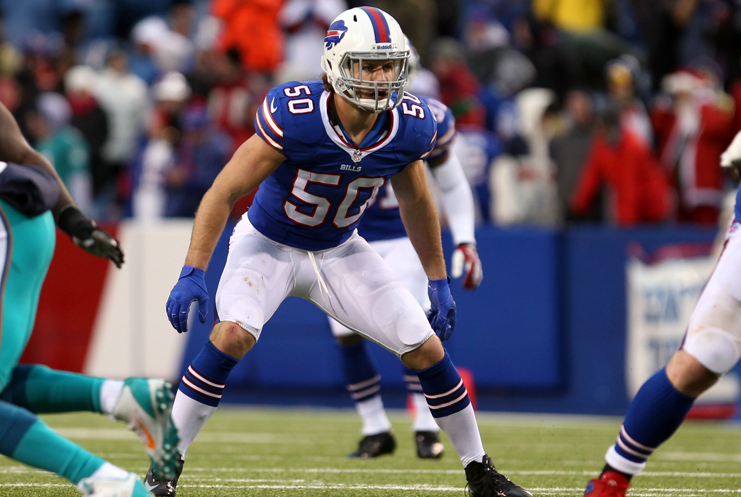 Dec 22, 2013; Orchard Park, NY, USA; Buffalo Bills middle linebacker Kiko Alonso (50) against the Miami Dolphins at Ralph Wilson Stadium. Buffalo beats Miami 19 to 0.  Mandatory Credit: Timothy T. Ludwig-USA TODAY Sports